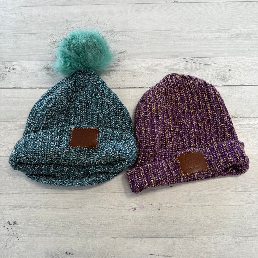Love your melon purple and blue knit hats with puffs